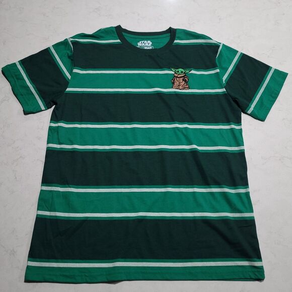 Star Wars Baby Yoda Grogu Embroidered Mad Engine NWOT Large Green Stripes - Picture 2 of 7